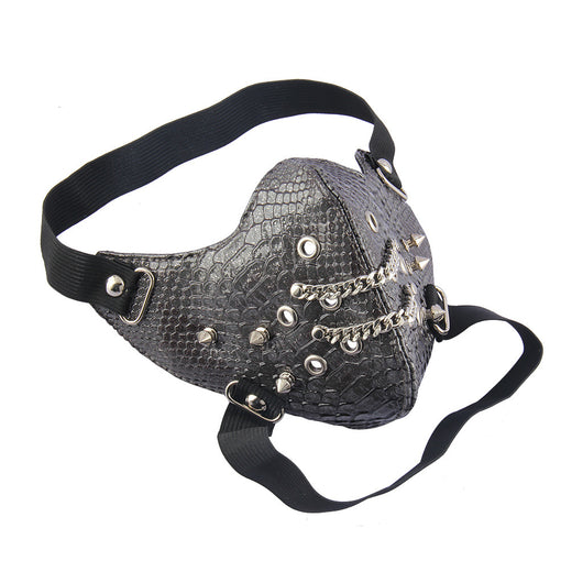 Black leather half-face mask with silver studs and grommets, featuring elastic head straps. - Image 6