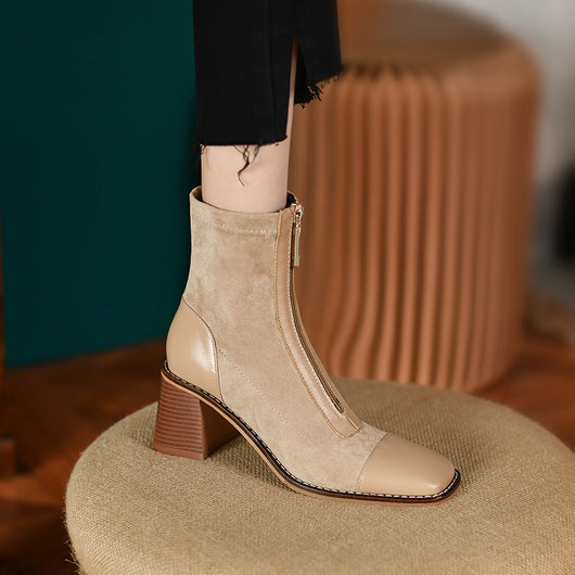 Botas de Cuero con Cierre Frontal y Costuras Elásticas
