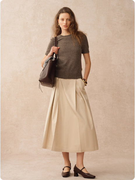 Falda Plisada de Algodón Tencel Caqui con Detalle de Herraje - Image 13