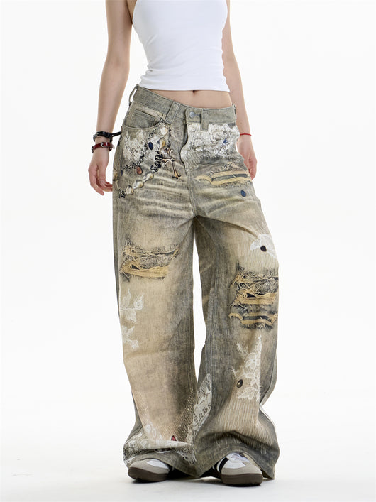 Pantalones Vaqueros Estampado Cruzado Mujer Pierna Ancha - Image 9