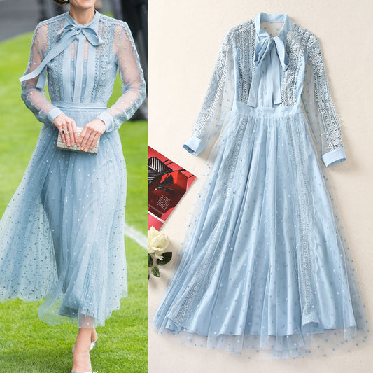 Vestido Largo de Manga Larga con Parches de Lunares y Mesh Calado