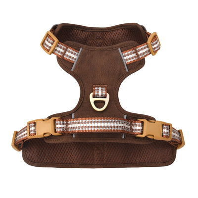 Brown leather pet harness with reflective stripes, adjustable tan buckles, and a gold D-ring on a white background. - Image 6
