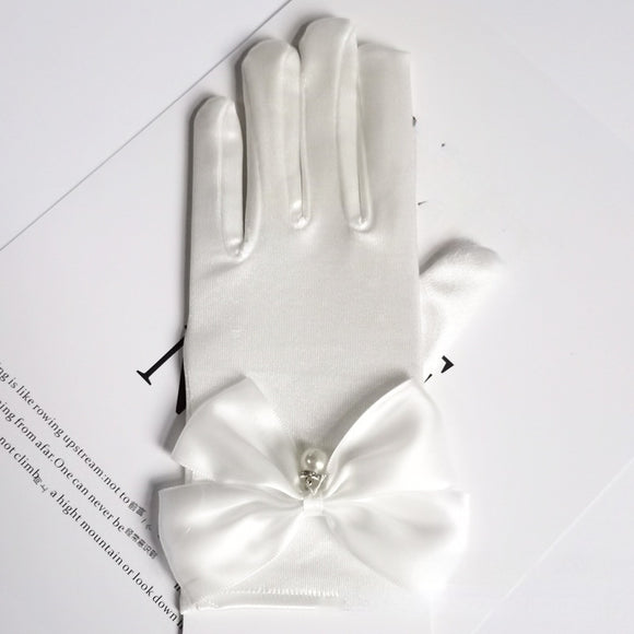 Guantes de Satén para Novia con Moño y Perlas Colgantes Estilo Princesa