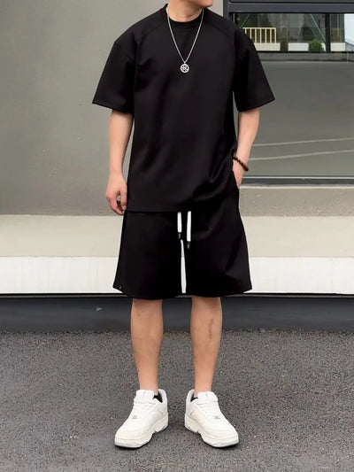Khaki men's short-sleeved t-shirt and matching shorts set, featuring a loose fit and white drawstring. - Image 3
