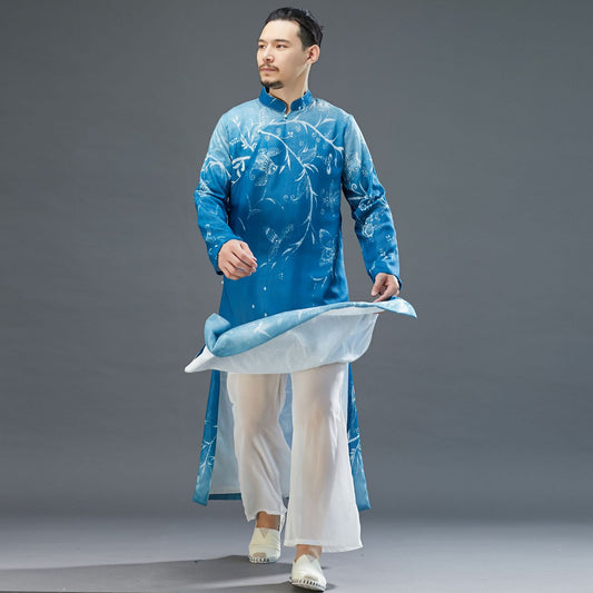 Bata Hanfu Azul Mejorada para Hombre con Cuello Mao y Mangas Largas