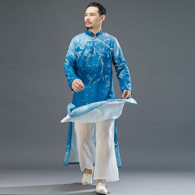 Bata Hanfu Azul Mejorada para Hombre con Cuello Mao y Mangas Largas