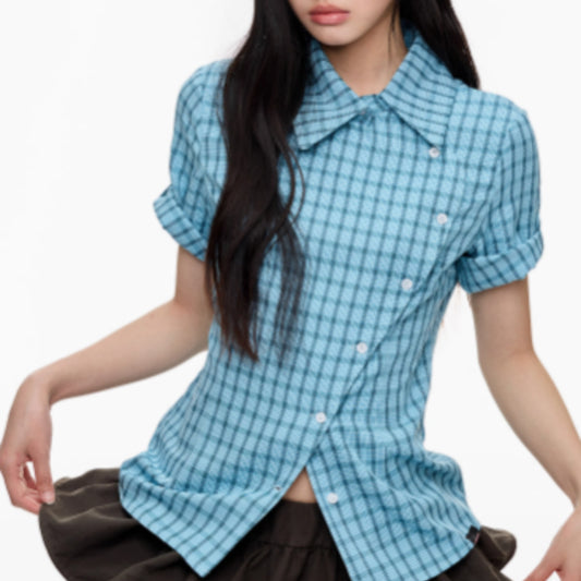 Camisa Cuadriculada Manga Corta Efecto Reductor para Mujer