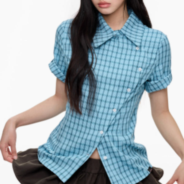 Camisa Cuadriculada Manga Corta Efecto Reductor para Mujer