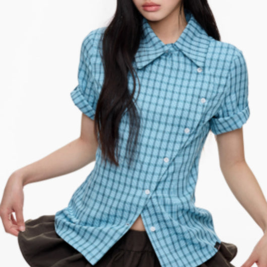 Camisa Cuadriculada Manga Corta Efecto Reductor para Mujer