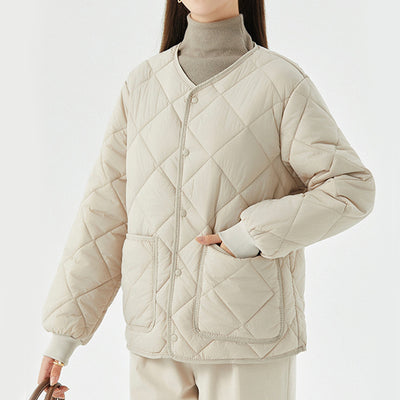 Abrigo Acolchado Rombo para Mujer - Chaqueta Ligera Cálida con Cuello Redondo y Bolsillos - Image 11