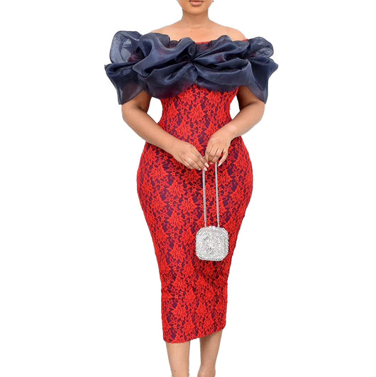 Vestido de Fiesta con Panel de Encaje en Malla y Cuello de Lino - Image 10