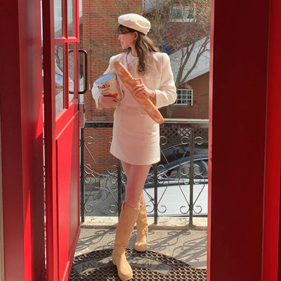 Traje Falda Tweed Elegante Botón Corazón Manga Corta Línea A - Image 5