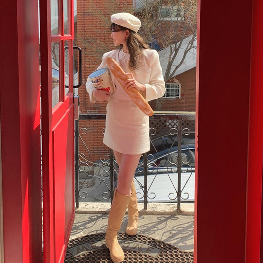 Traje Falda Tweed Elegante Botón Corazón Manga Corta Línea A - Image 5