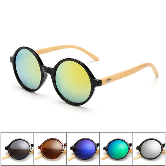 Round black frame sunglasses with gray lenses and light wood bamboo temples, shown from multiple angles. - Image 16