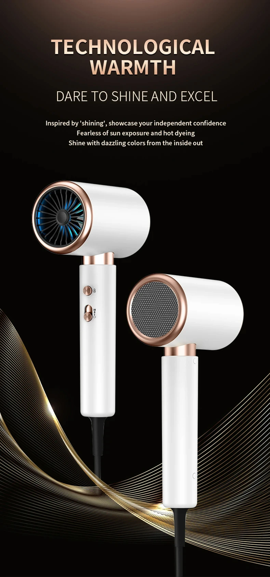 White professional hair dryer with rose gold accents, blue fan, and two control buttons, shown with a US 110V plug and a 360-degree rotating air collector nozzl - Image 12