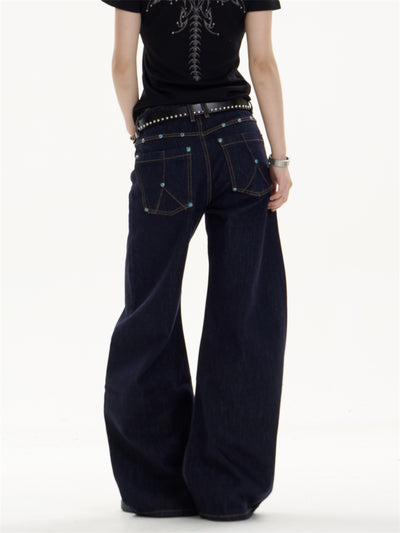 Pantalones Jeans Azul Oscuro Retro Corte Recto Ancho Casual - Image 19