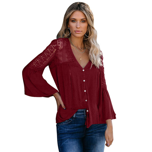Blusa Mujer Capucha Cuello V Hueco Manga Acampanada Encaje - Image 5
