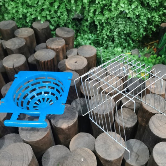 Small parrot breeding box with a blue plastic base and white wire cage, designed for bird nesting. - Image 3