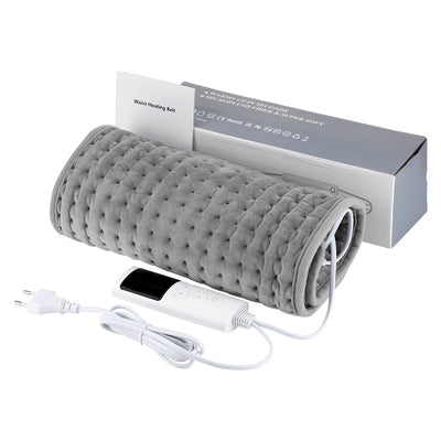 Gray quilted waist heating belt with an adjustable strap, wired remote control, and power plug, shown with its box. - Image 12