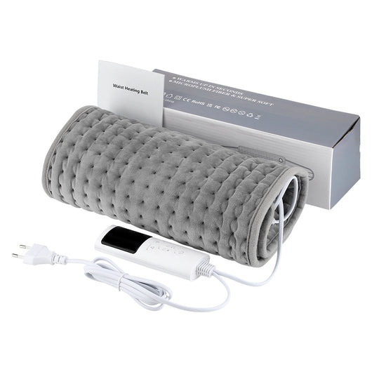 Gray quilted waist heating belt with an adjustable strap, wired remote control, and power plug, shown with its box. - Image 12