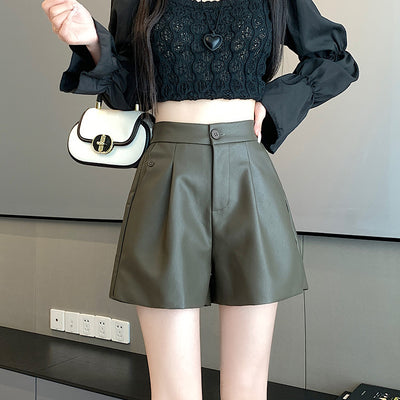 Pantalón de Cuero Marrón Cintura Alta Pierna Ancha Casual - Image 7