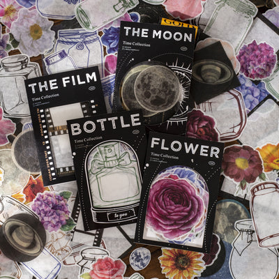 A collection of retro-style washi stickers featuring moon phases, planets, and celestial designs in various shapes and sizes.