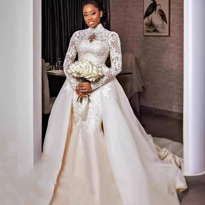 Vestido de Novia con Encaje y Cuello Mao Manga Larga - Image 9