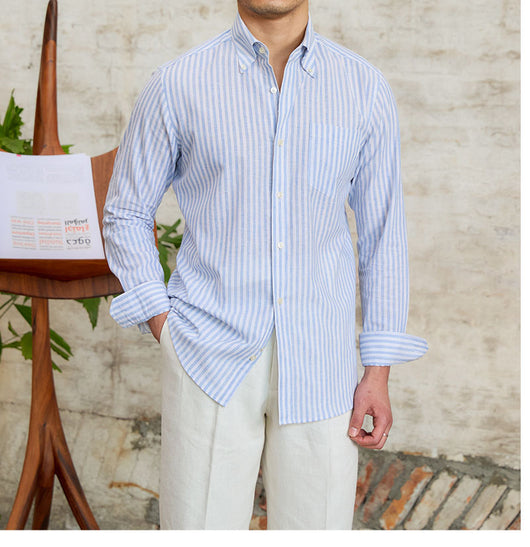 Camisa Elegante de Algodón y Lino con Rayas - Manga Larga Clásica - Image 7