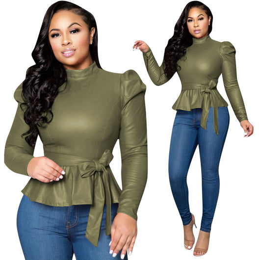 Blusa Cuello Alto Peplum en Cuero Genuino - Envío Gratis - Image 21