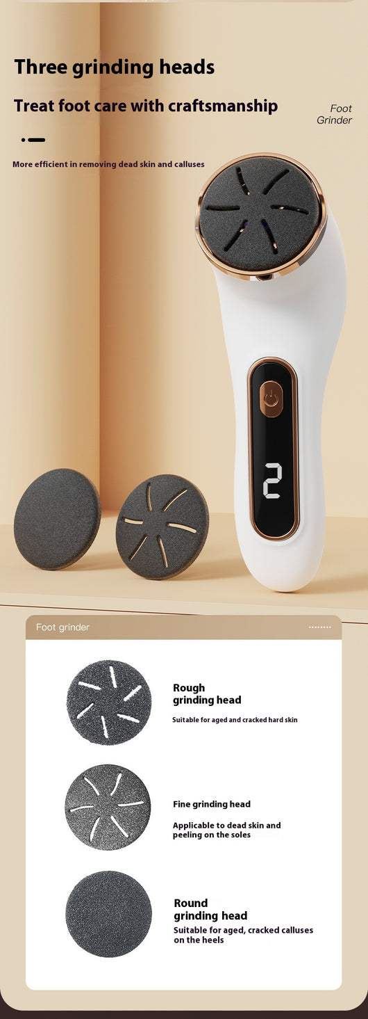 Ivory white electric foot grinder with digital display, power button, and three interchangeable grinding heads. - Image 10