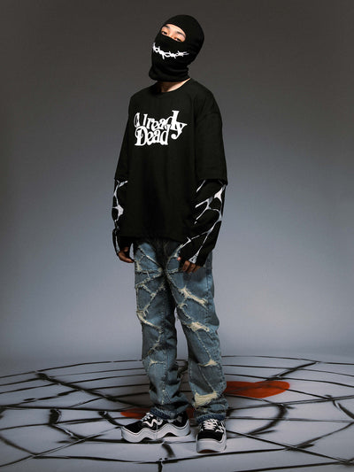 Jeans Rectos Destruidos con Diseño Spider Web - Image 3