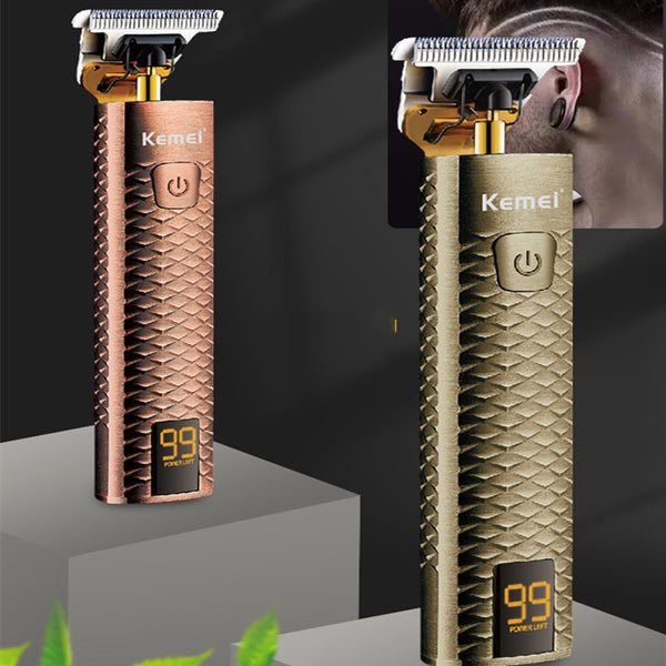 Rose gold hair clipper with diamond mesh engraving, gold blade, and digital display showing '99 POWER LEFT'.