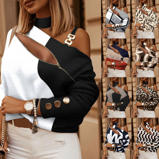 Blusa Larga con Cadena Estampada en Cuello