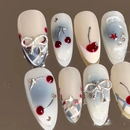 Uñas Postizas Degradado Azul Francés con Moño de Cereza - Image 7