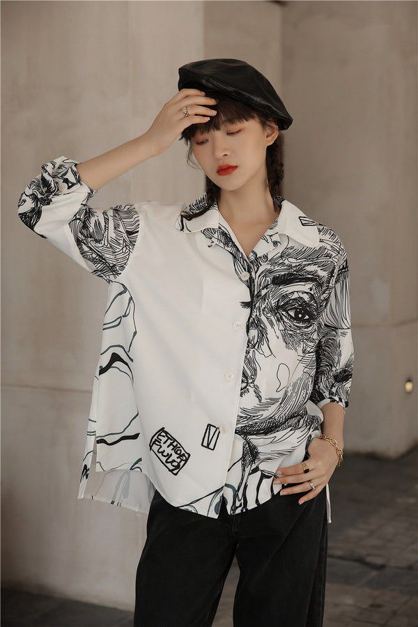 Blusa Occidental de Chifón Manga Larga con Contraste de Colores para Mujer