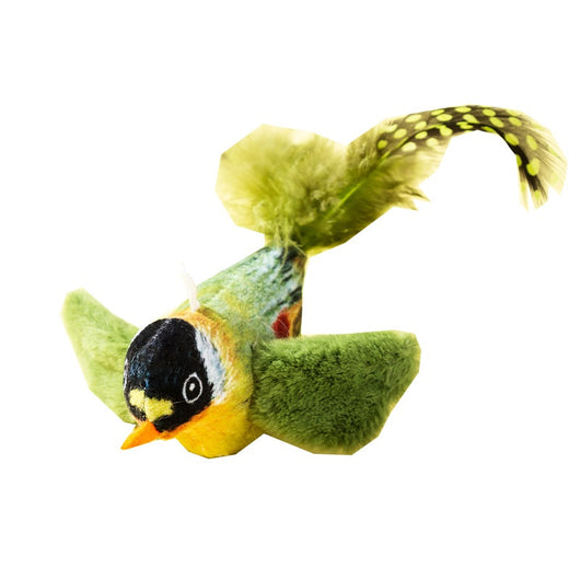 Plush bird cat toy with orange chest, grey body, feathered tail, and an elastic string for interactive play. - Image 6