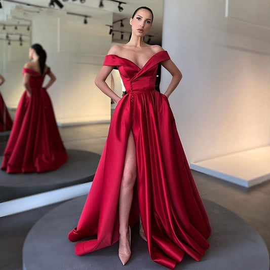 Vestido de Satén Elegante Cintura Alta Escote Frío y Abertura Profunda