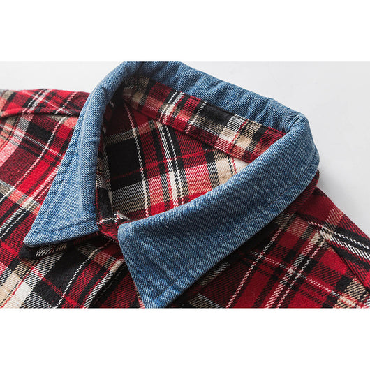 Camisa Denim con Solapa a Cuadros Retro para Hombre - Image 3
