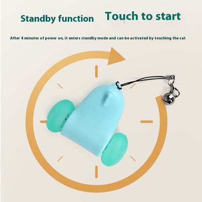 Blue smart cat toy with teal wheels and an attached light blue feather wand, plus a butterfly attachment with bell. - Image 3