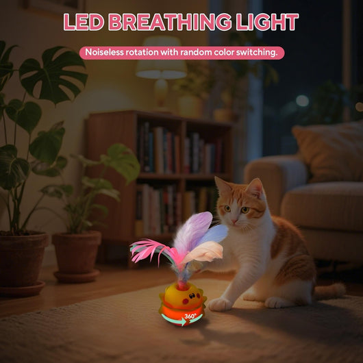 Interactive automatic cat feather toy with a yellow and pink base, featuring white, pink, and blue feathers. - Image 5