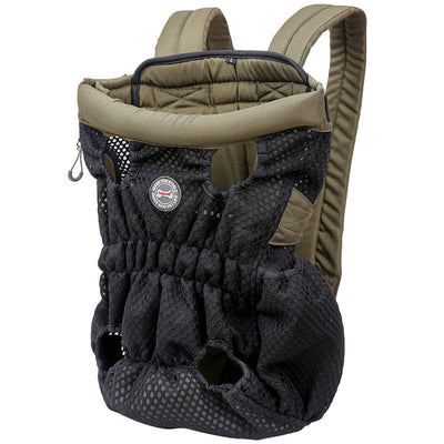 Navy blue mesh pet carrier backpack with leg holes and a light blue portable pet water bottle with a transparent reservoir. - Image 24