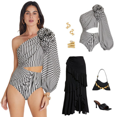 Black and white striped one-piece swimsuit with one-shoulder design, floral appliqué, balloon sleeve, and waist cut-outs. - Image 14