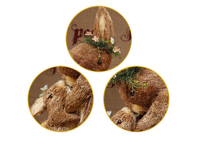 Artesanía Tejida en Hierba - Accesorios Madre e Hijo Conejo Marrón con Flores de Pueraria - Image 9
