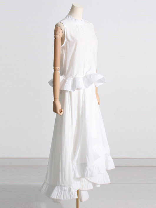 Conjunto de Dos Piezas: Blusa sin Mangas con Cuello Alzado Plisado y Falda Volantes - Image 7