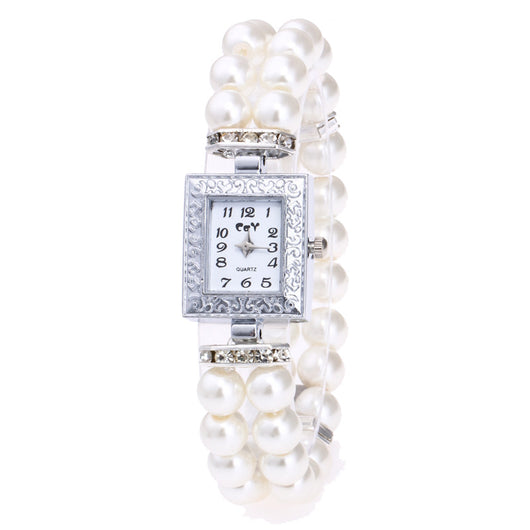Reloj Rectangular para Mujer con Pulsera de Perlas de Vidrio Artificial - Image 10
