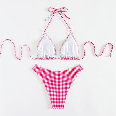 Red and white gingham print bikini swimsuit with a triangle halter top and high-cut bottom, featuring small white bows. - Image 4