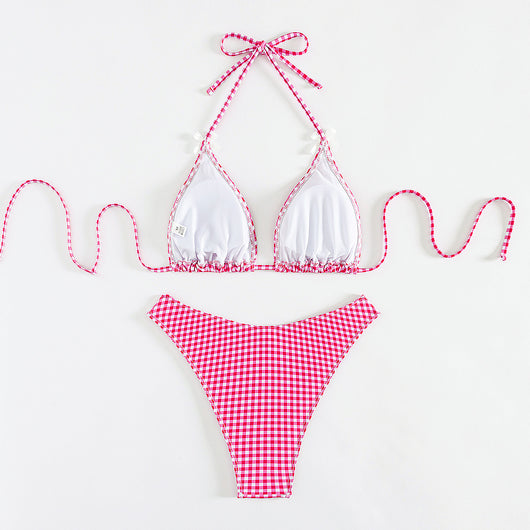 Red and white gingham print bikini swimsuit with a triangle halter top and high-cut bottom, featuring small white bows. - Image 4