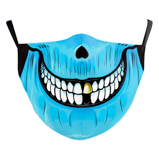 Blue double-layer ear-hanging face mask with a colorful Day of the Dead and cartoon skull pattern. - Image 28