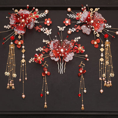 Tocado Estilo Antiguo con Flores Rojas y Flecos - Corona de Pelo Nupcial - Image 22