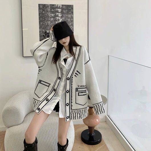 Cardigan Tejido Estilo Cómics Graffiti Blanco y Negro